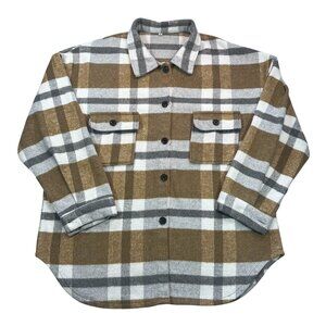 Oversized plaid flannel in warm camel, gray, and white